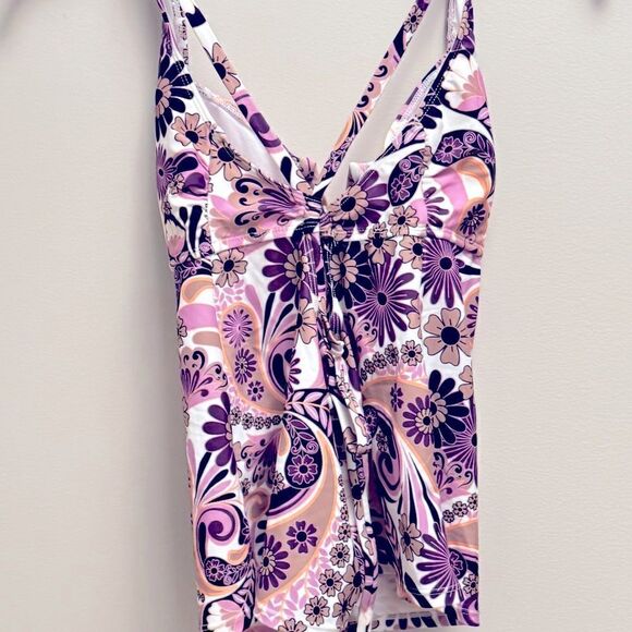Salt + Cove Juniors' Printed V-Wire Tankini Top Removable Cups White Purple XL - Picture 7 of 10